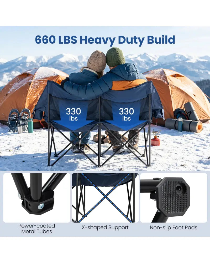 Heated Double Camping Chair with 4 Heating Zones and Wine Glass Holders-Navy - Navy - Camping Furniture