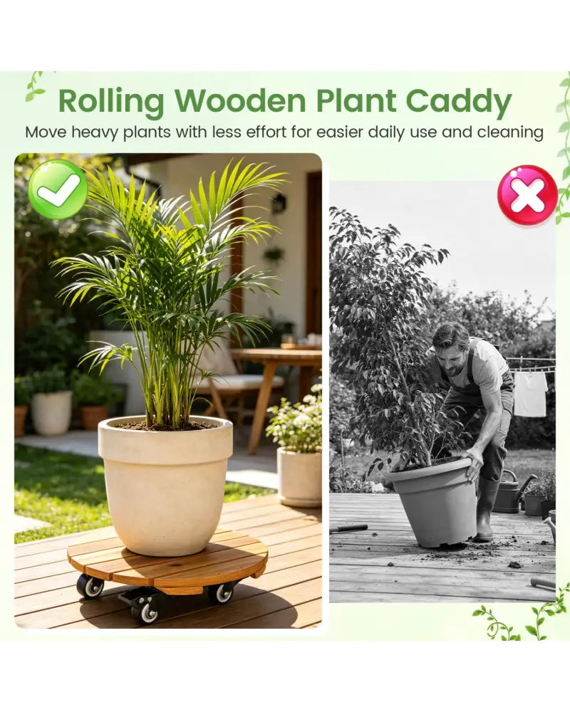 Heavy Duty Acacia Wood Rolling Plant Stand with 360° Lockable Casters-Set of 2 - Plant Stands