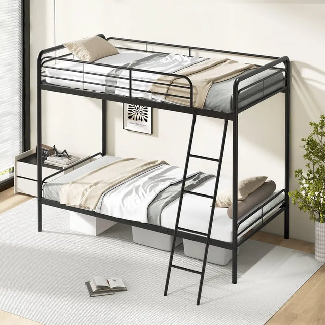 Heavy Duty Metal Bunk Bed with Ladder and Safety Guardrails-Black - Black - Bunk Bed Frame