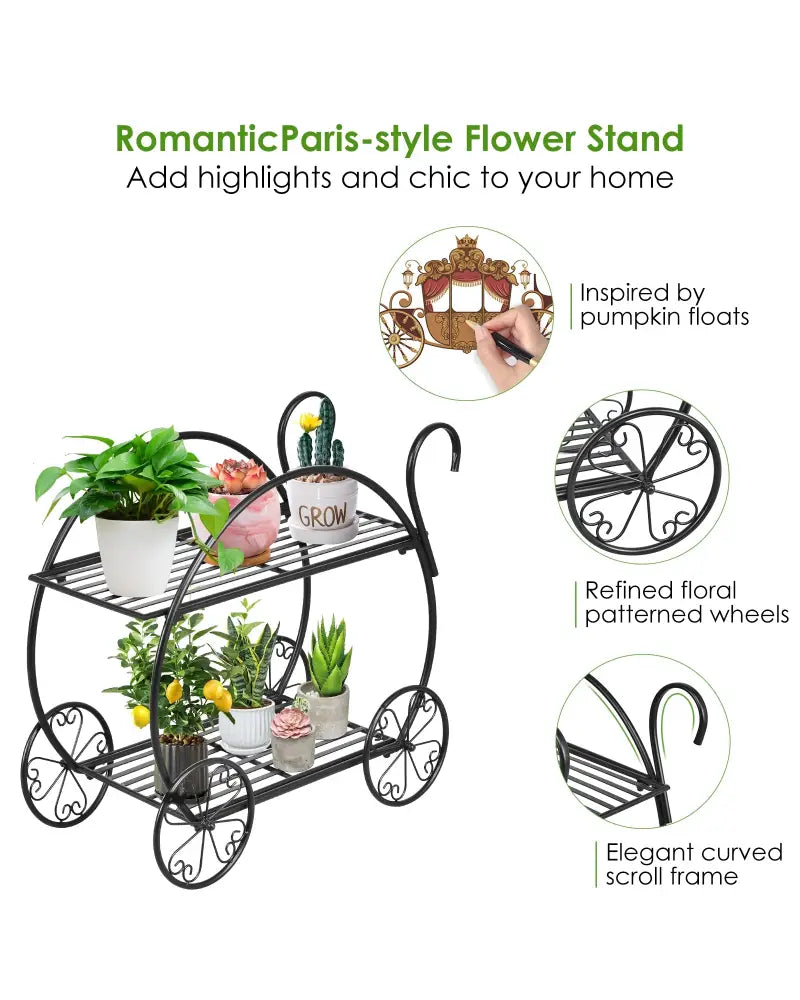 Heavy Duty Metal Flower Cart Plant Stand - Black - Plant Stands