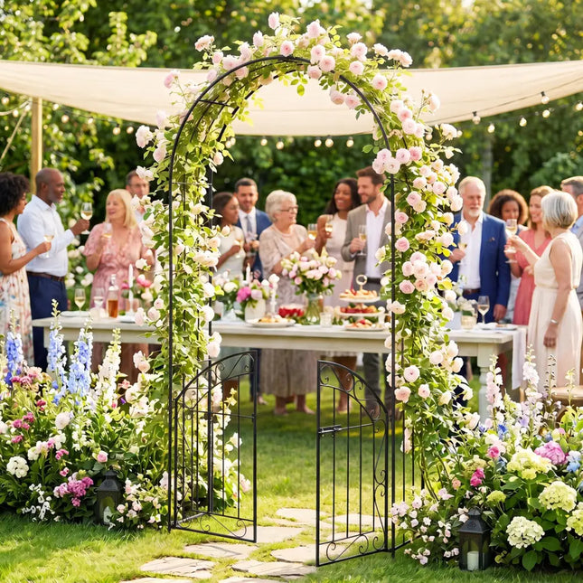 Heavy-Duty Metal Garden Arch with Gate and Safety Latch-Black - Black - Outdoor Decor