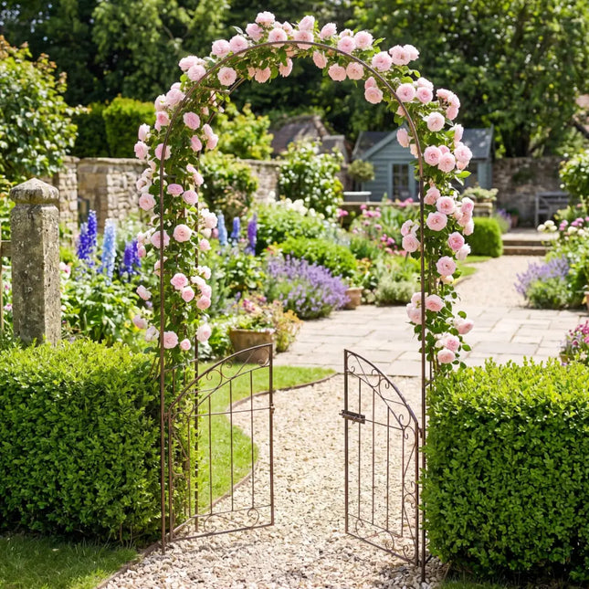 Heavy-Duty Metal Garden Arch with Gate and Safety Latch-Bronze - Bronze - Outdoor Decor