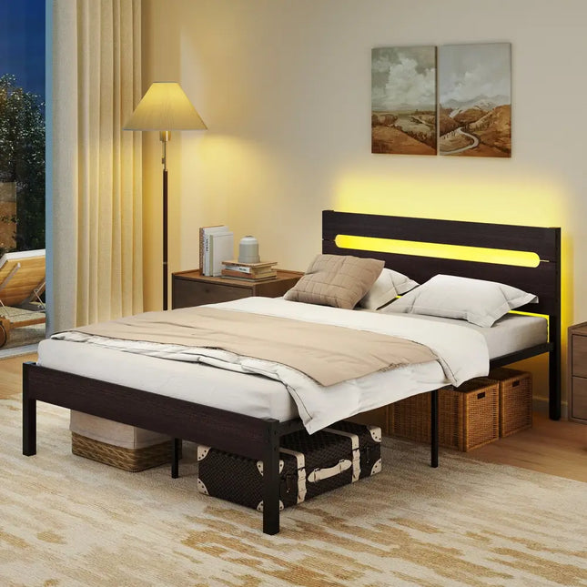Heavy-Duty Metal Slats Support Bed Platform with Charging Station-Walunt - Walnut - Simple Bed Frame
