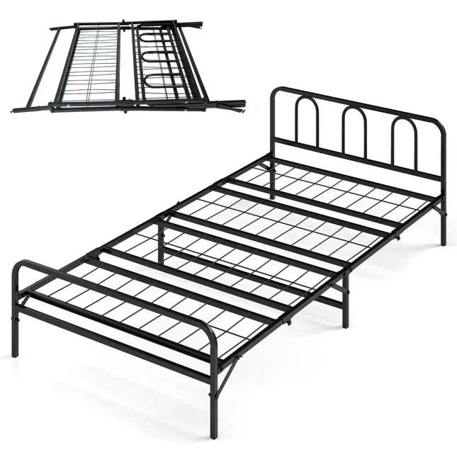Heavy Duty Metal Twin Foldable Bed Frame with Headboard & Footboard-Black - Black - Folding Beds