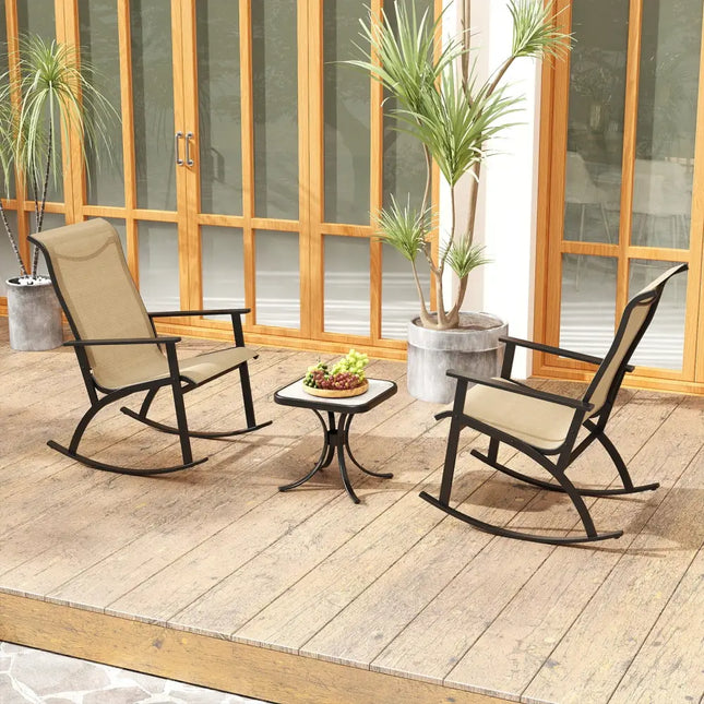 Heavy-Duty Rocking Bistro Chairs and Table Set with High Backrest and Wood-Plastic Tabletop-Brown - Brown - Patio