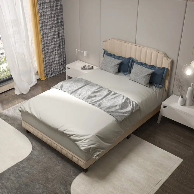 Heavy Duty Upholstered Bed Frame with Rivet Headboard-Full Size - Beige - Simple Bed Frame