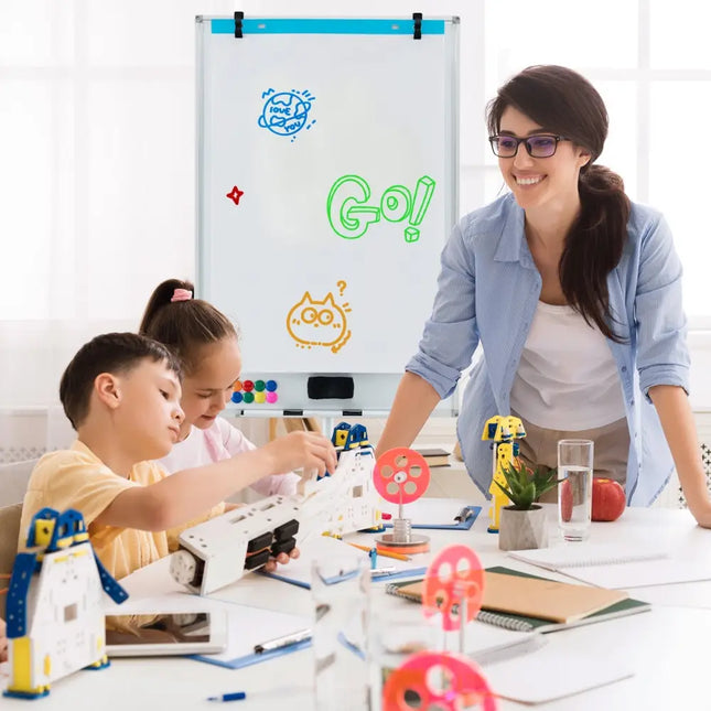 Height-Adjustable Mobile Whiteboard with Round Stand Paper Clips-White - White - Home Office