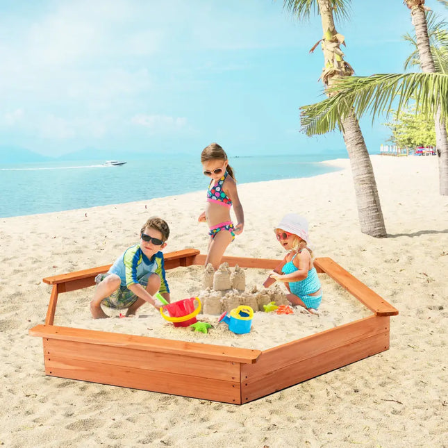 Hexagon Wooden Cedar Sand Box with Seat Boards - Brown - Sandboxes