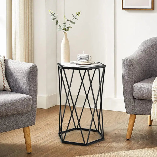 Hexagonal Accent End Table with Tempered Glass Top and Metal Frame - Black - End & Side Tables