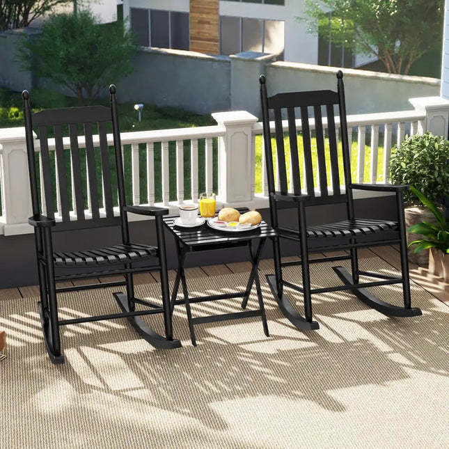 High-Back Acacia Wood Outdoor Rocking Chair with Solid Rocking Base-Black - Black - Patio Rocking Chairs & Gliders