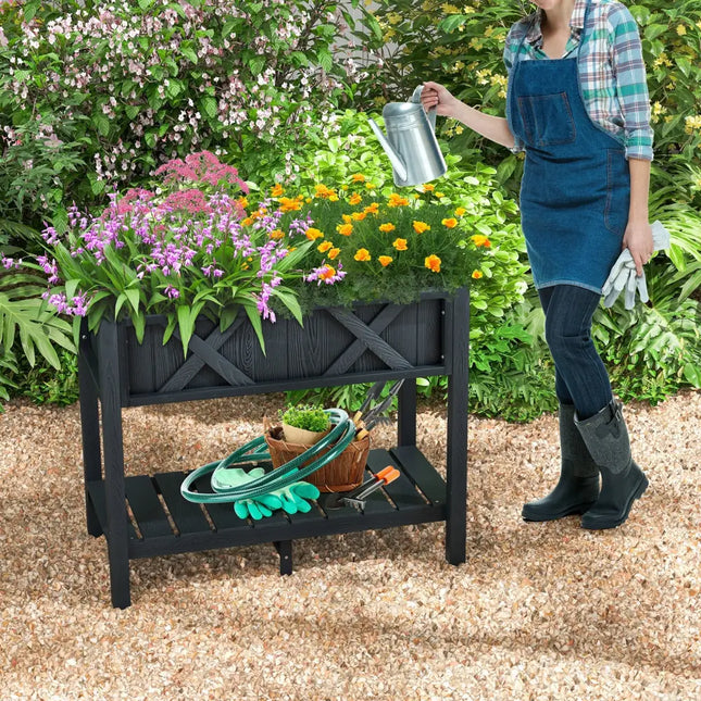 HIPS Raised Garden Bed Poly Wood Elevated Planter Box-Black - Black - Raised Garden Beds