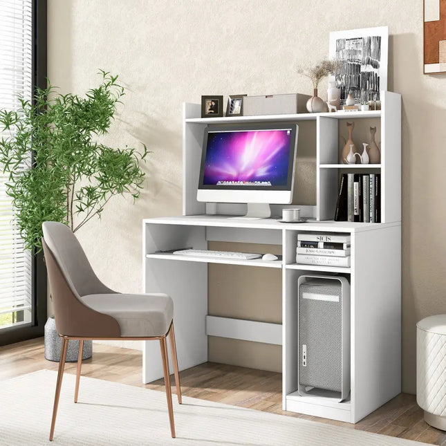 Home Office Computer Desk with Bookcase Keyboard Tray and CPU Stand-White - White - Computer Desks