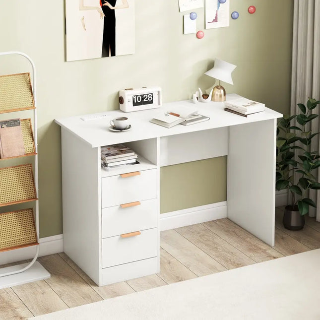 Home Office Desk with Power Outlet 3 Storage Drawers and Open Compartment-White - White - Computer Desks