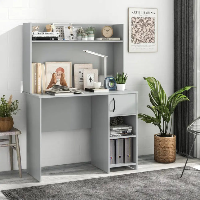 Home Office Desk with Raised Display Shelf and 2 Open Shelves-Gray - Gray - Computer Desks
