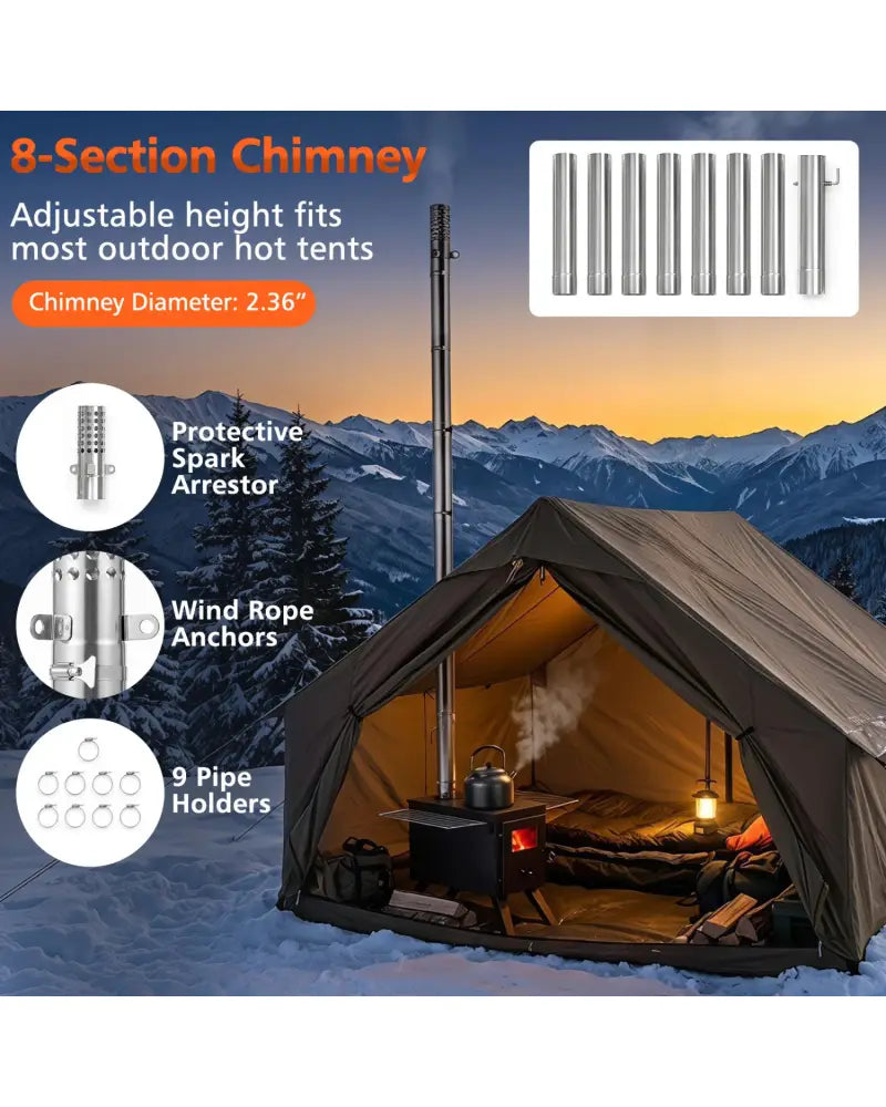 Hot Tent Stove with Ash Tray 8.4 ft Wood Burning Stove with 8 Chimney Pipes and Spark Arrestor-Black - Black - Outdoor