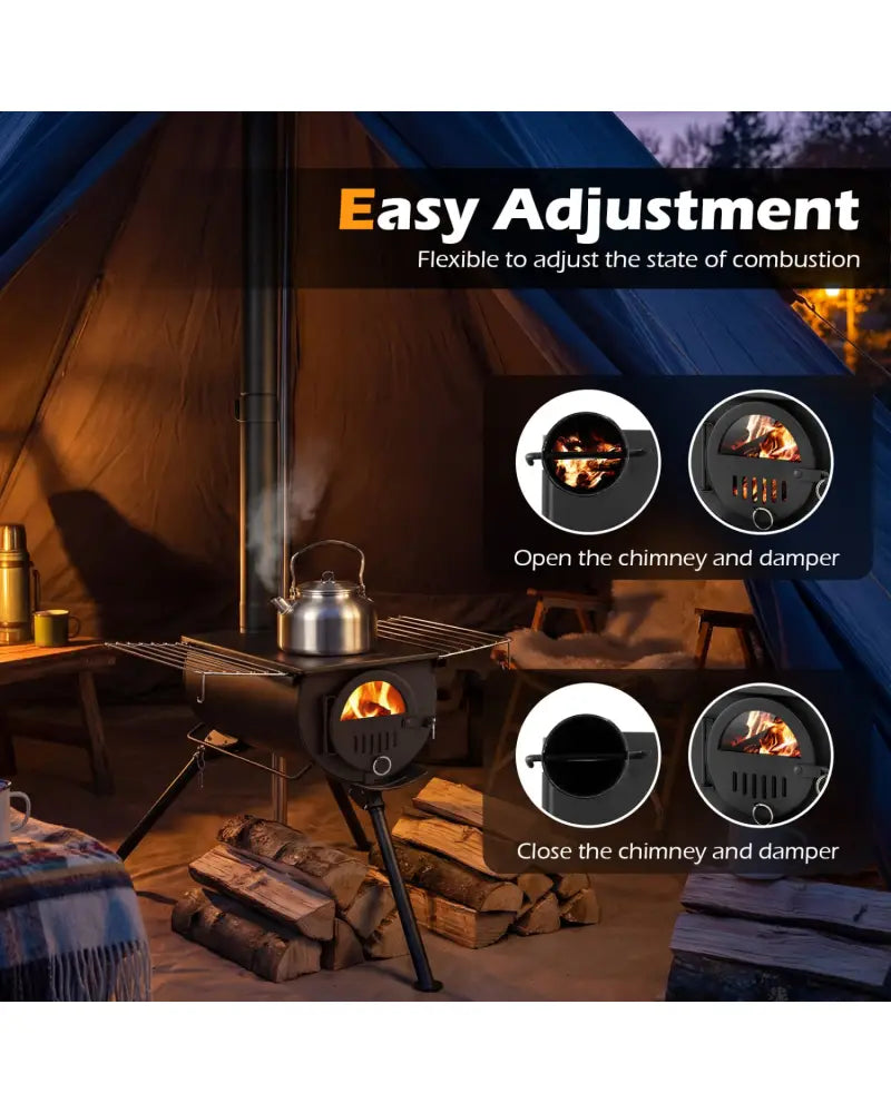 Hot Tent Stove with Chimney Pipes and Foldable Legs for Outdoor Heating-Black - Black - Outdoor Grills