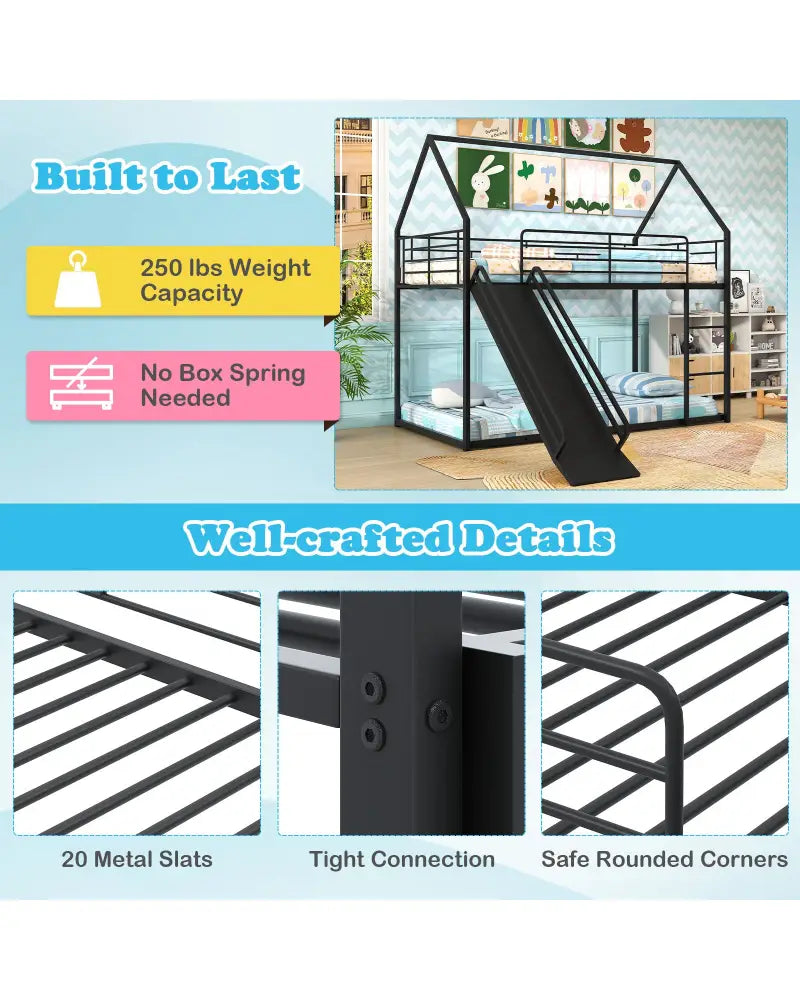 House-shaped Metal Twin Over Twin Low Bunk Bed-Black - Black - Bunk Bed Frame