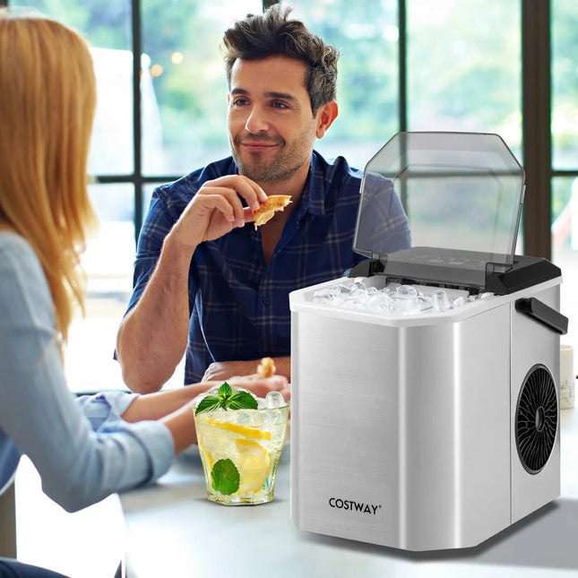 Ice Maker Countertop with Self-Cleaning for Home Kitchen Office Party-Silver Costway