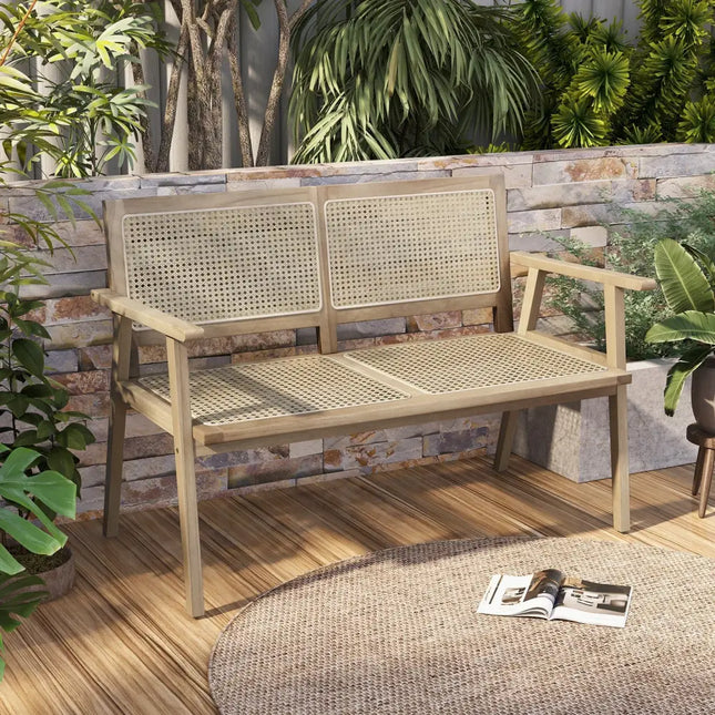 Indonesia Teak Wood Garden Bench with Armrests and Natural Rattan Backrest - Natural - Outdoor Benches