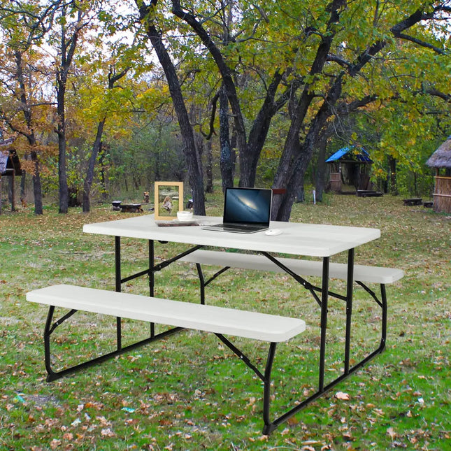 Indoor and Outdoor Folding Picnic Table Bench Set with Wood-like Texture-White - White - Picnic Tables