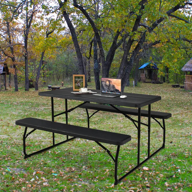 Indoor and Outdoor Folding Picnic Table Bench Set with Wood-like Texture-Black - Black - Picnic Tables