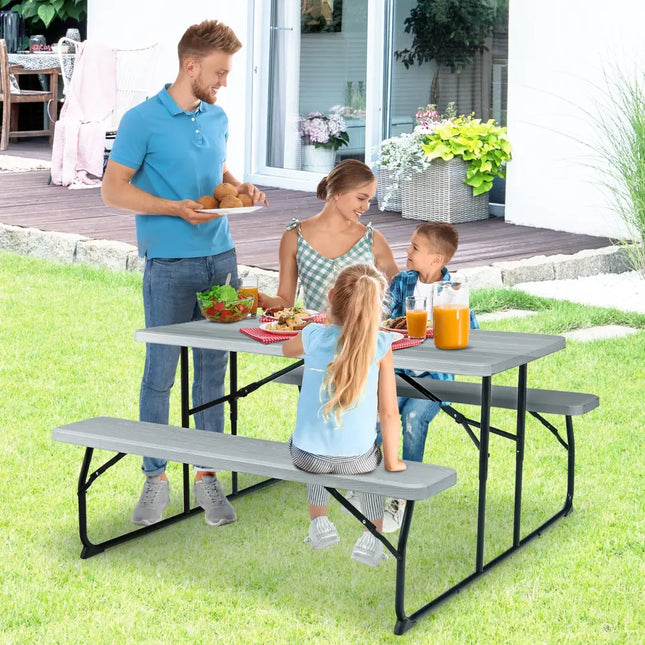 Indoor and Outdoor Folding Picnic Table Bench Set with Wood-like Texture-Gray - Gray - Picnic Tables