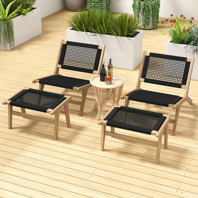 Indoor Outdoor Ottoman Footstool Teak Wooden Foot Rest with Handwoven Cordage - Natural & Black - Ottomans