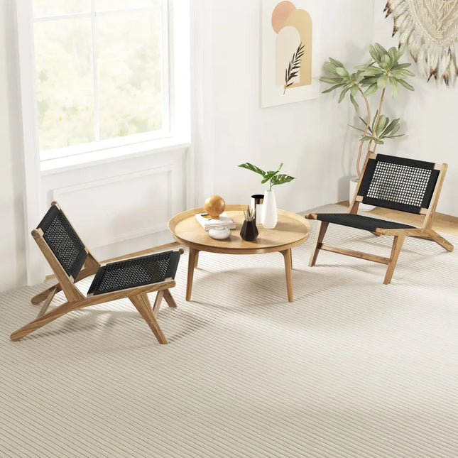 Indoor Outdoor Teak Wooden Chair with Handwoven Cordage Seat and Backrest - Natural & Black - Patio Dining Chairs