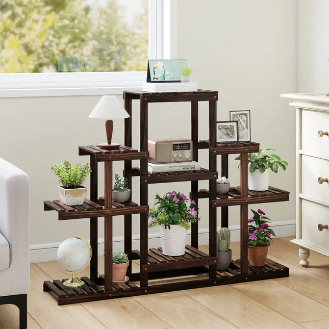 Indoor Outdoor Wood Plant Stand Multi-Tiered Corner Plant Shelf Flowerpot Holder-Brown - Brown - Plant Stands