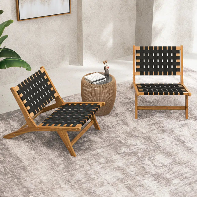 Indoor Patio Teak Wooden Chair with Woven Webbing Seat and Backrest - Natural & Black - Patio Dining Chairs