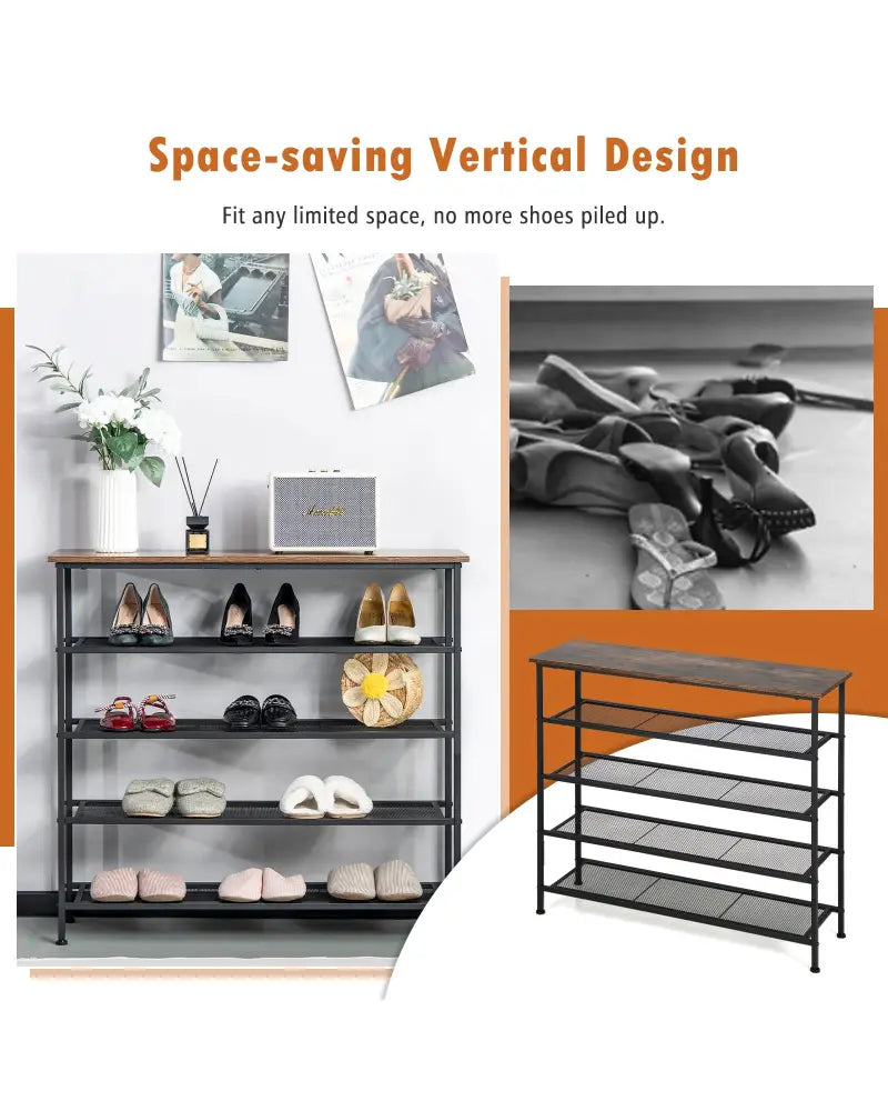 Industrial Adjustable 5-Tier Metal Shoe Rack with 4 Shelves for 16-20 Pairs - Rustic Brown - Shoe Racks & Storage