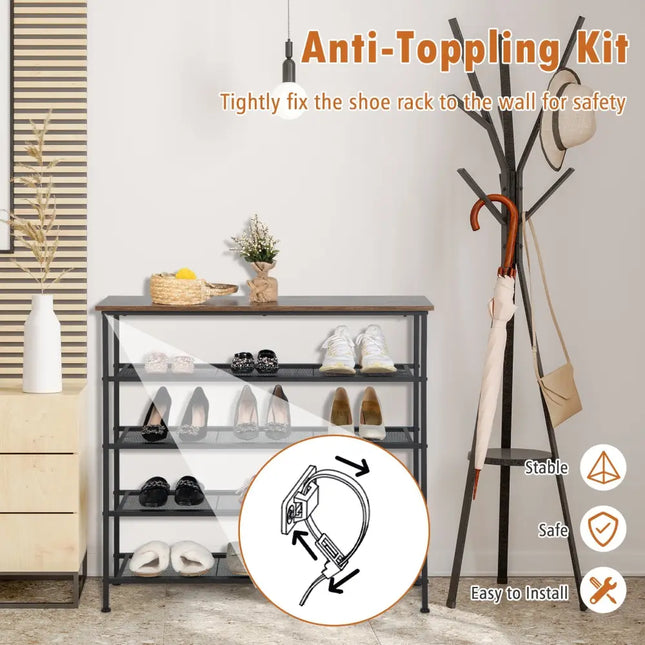 Industrial Adjustable 5-Tier Metal Shoe Rack with 4 Shelves for 16-20 Pairs - Rustic Brown - Shoe Racks & Storage