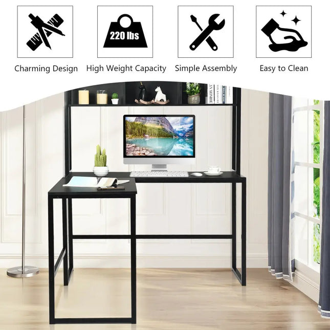 Industrial L-Shaped Desk Bookshelf 55 Inch Corner Computer Gaming Table-Black - Black - L-Shaped Desks