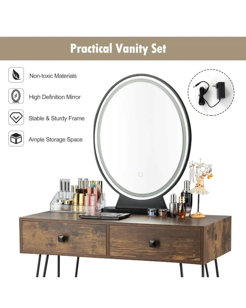 Industrial Makeup Dressing Table with 3 Lighting Modes-Rustic Brown - Rustic Brown - Makeup Vanities