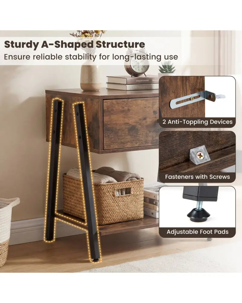 Industrial Nightstand with Drawer and Adjustable Foot Pads for Bedroom-Rustic Brown - Rustic Brown - Nightstands
