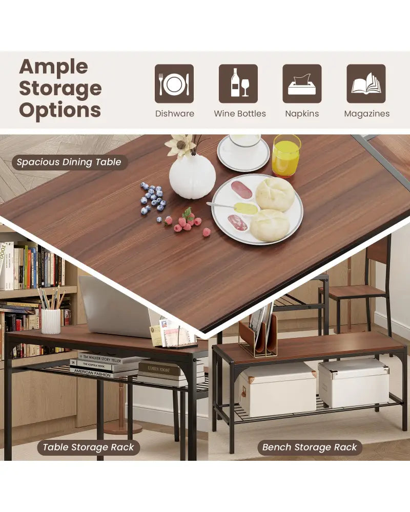 Industrial Style Rectangular Kitchen Table with Bench and Chairs-Walnut - Walnut - Dining Room Sets