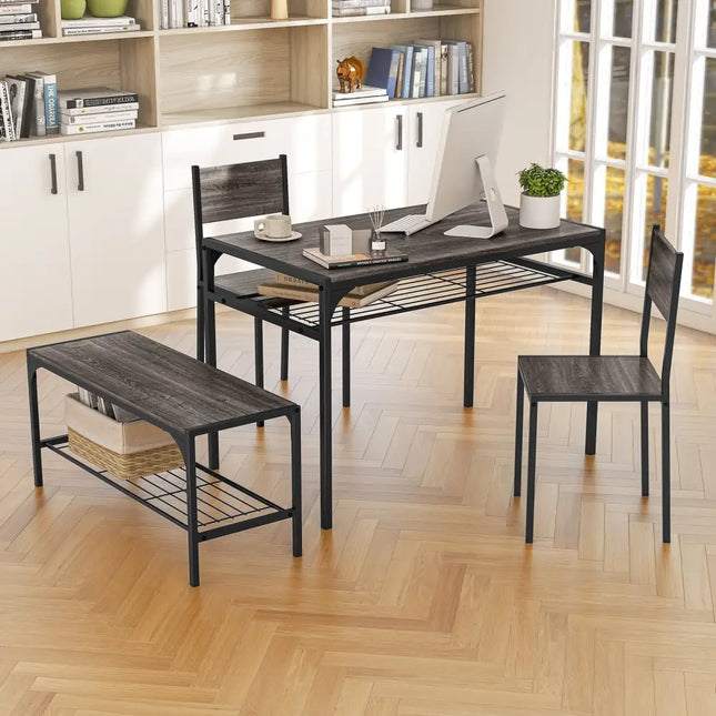 Industrial Style Rectangular Kitchen Table with Bench and Chairs-Gray - Gray - Dining Room Sets