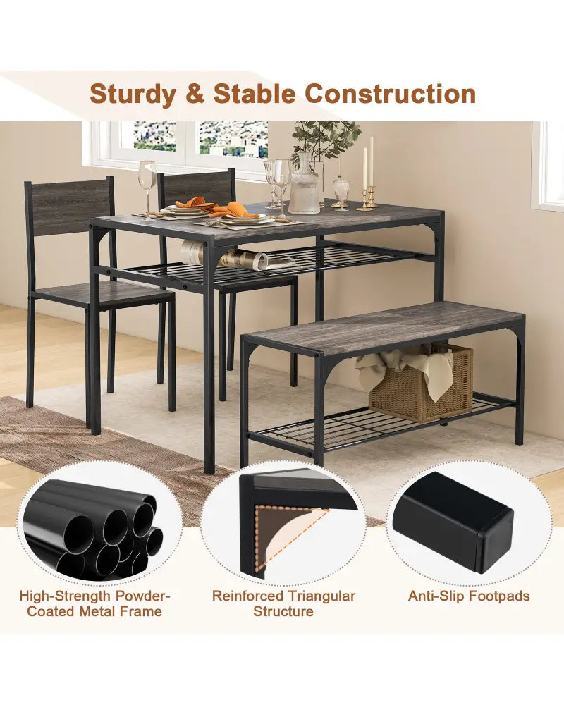 Industrial Style Rectangular Kitchen Table with Bench and Chairs-Gray - Gray - Dining Room Sets