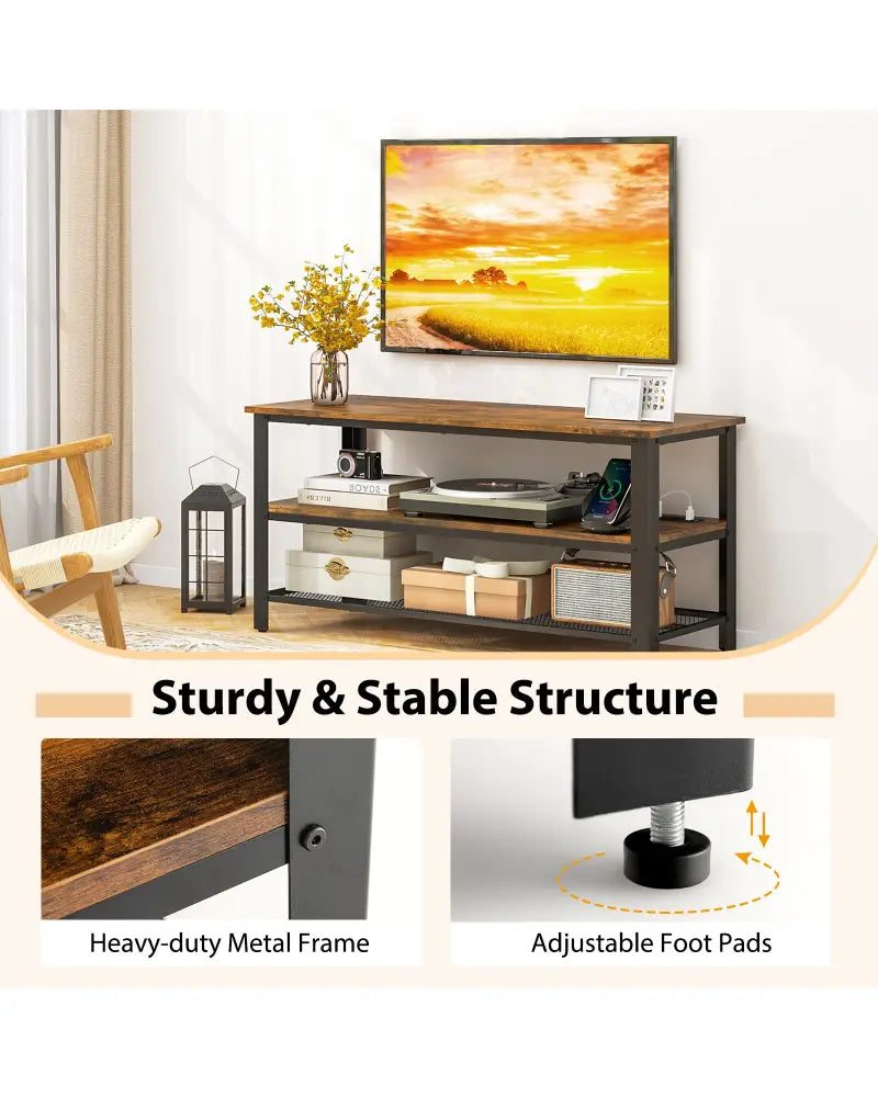 Industrial TV Stand up to 50 Inches with Power Outlets and USB Ports-Rustic Brown - Rustic Brown - Entertainment