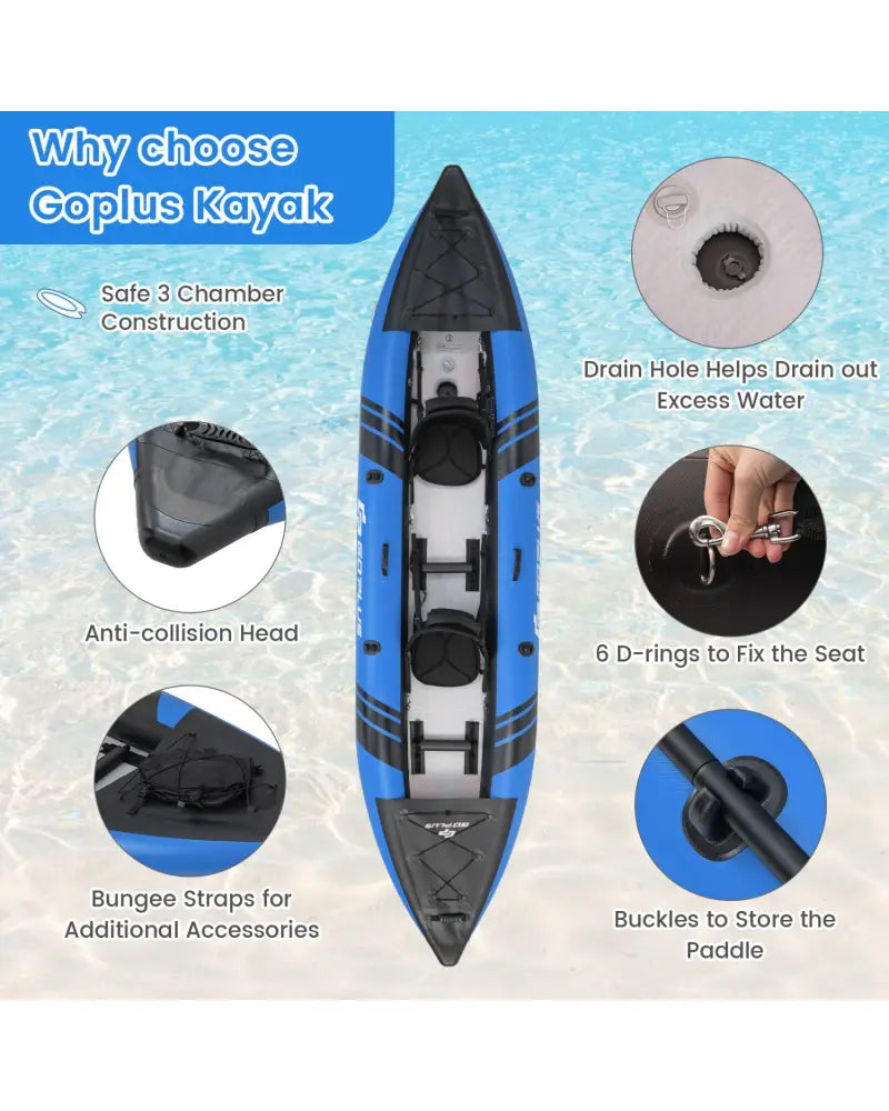 Inflatable 2-person Kayak Set with Aluminium Oars and Repair Kit-Blue - Blue - Surfing