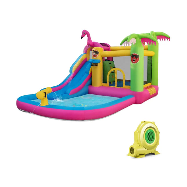 Inflatable Bounce Castle with Long Water Slide and 735W Blower - Multicolor - Inflatable Water Slides