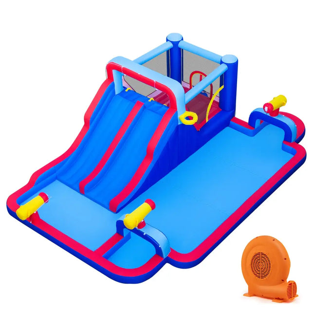 Inflatable Bounce House with 2 Water Slides and 3 Water Cannons With 680W Blower - Blue - Inflatable Water Slides