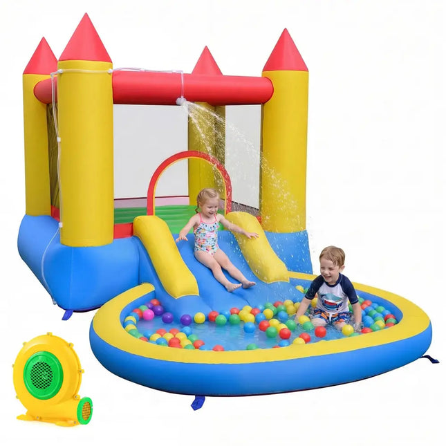 Inflatable Bounce House with Water Slide and 370W Blower-Multicolor - Multicolor - Inflatable Water Slides