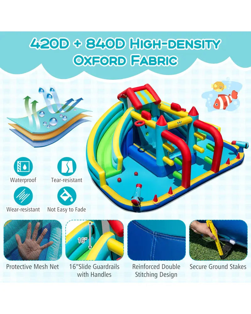 Inflatable Double Water Slide Park with Obstacle Course and 735W Blower - Inflatable Water Slides
