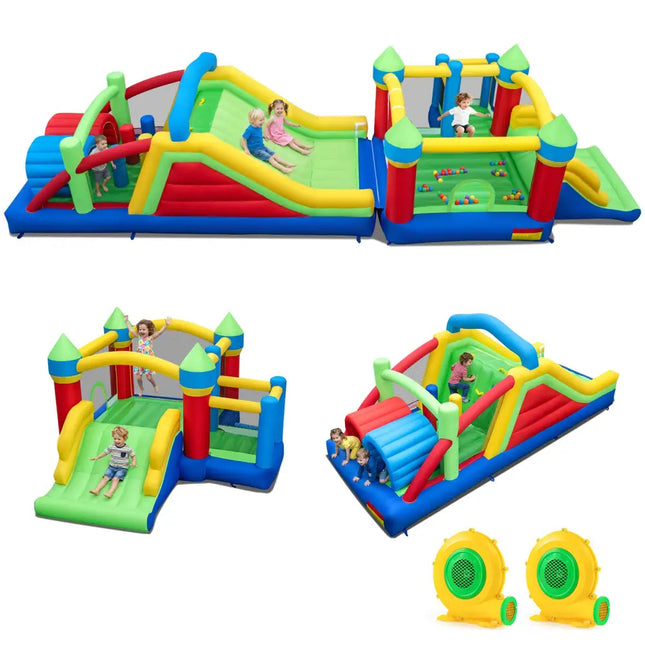 Inflatable Obstacle Course Bounce House with Dual Slides with 2 680W Blower - Multicolor - Bounce House