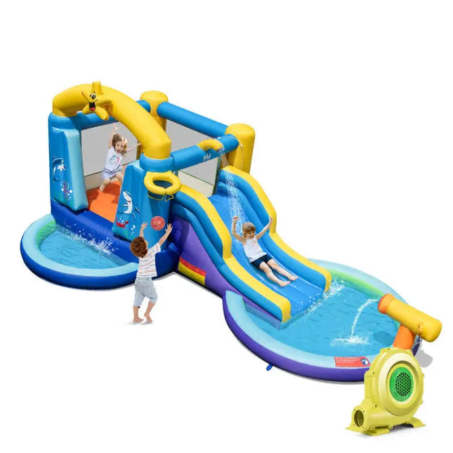 Inflatable Ocean-Themed Bounce House with 680W Blower and 2 Pools - Blue - Inflatable Water Slides