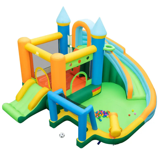 Inflatable Water Slide Blowup Bounce House with Dual Slides and Splash Pool (Without Blower) - Green - Outdoor Play
