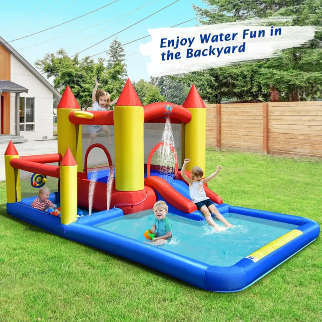 Inflatable Water Slide Castle Kids Bounce House with 480W Blower - Multicolor - Inflatable Water Slides