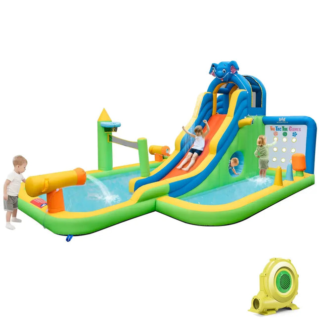 Inflatable Water Slide Giant Water Park 9-In-1 for Kids Backyard Fun with 735W Blower - Multicolor - Inflatable Water