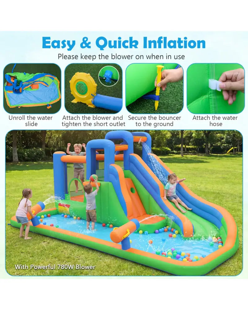 Inflatable Water Slide Park with with 780W Blower and Splash Pool for Yard Party - Inflatable Water Slides